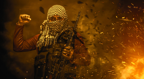 Masked militant holding weapon against fiery background.