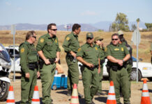 Uniformed officers standing outdoors next to traffic cones.