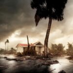 Damaged house with debris in stormy landscape.