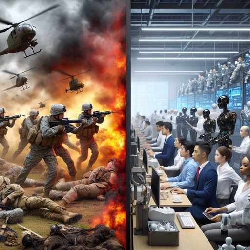 shutterstock_2520648565.jpg A split image showing soldiers in a battlefield on one side and people working with robots on the other