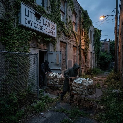 shutterstock_2720223007.jpg Two shadowy figures pushing carts in an overgrown alley beside an abandoned daycare