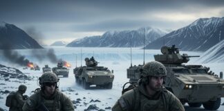 Soldiers and armored vehicles in a snowy mountainous area during a military operation