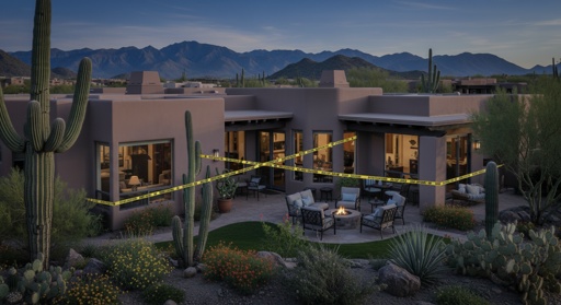 Desert home with outdoor seating and cacti in the foreground