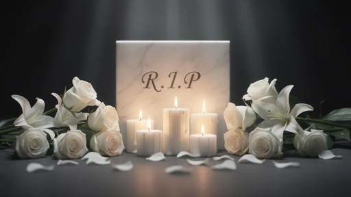 shutterstock_2738095117.jpg A memorial display featuring candles and white roses with a marble stone inscribed 'R.I.P.'