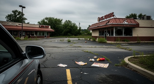 shutterstock_2747191869.jpg Abandoned fast food restaurant with litter in the parking lot