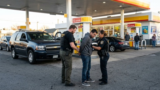 shutterstock_2762562571.jpg Police officers arresting a suspect at a gas station
