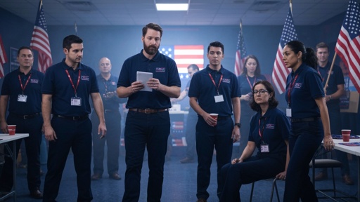 shutterstock_2766635045.jpg A group of individuals in navy shirts gathered for a meeting with American flags in the background