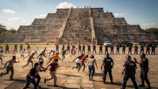 shutterstock_2770171457.jpg Crowd running in front of a pyramid with police in formation