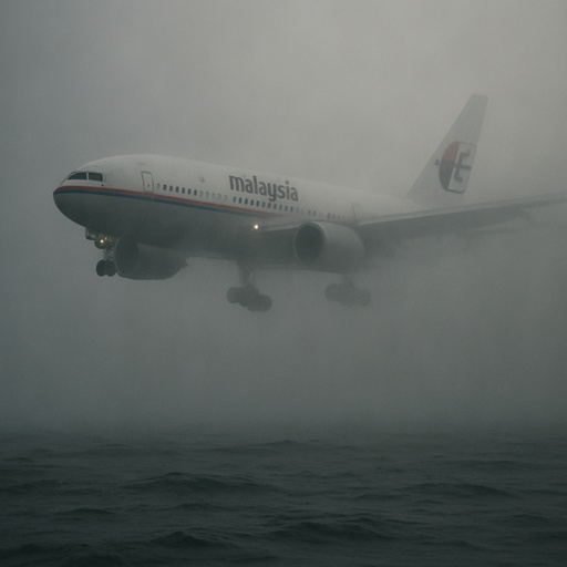 Airplane flying through thick fog over water