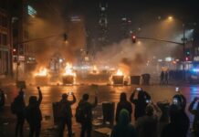 Teen TAKEOVERS: Chaos ERUPTS with Fire! A nighttime protest scene with fires and people holding phones