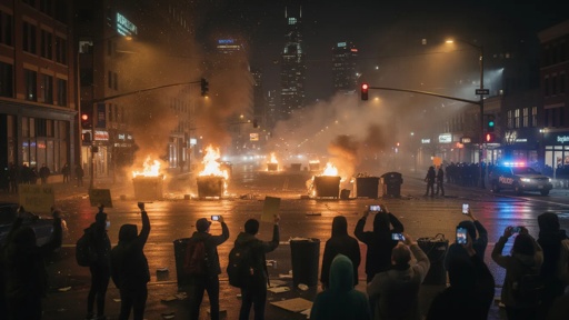Fires,And,Protests,At,Night,On,The,Streets,Of,Minneapolis A nighttime protest scene with fires and people holding phones