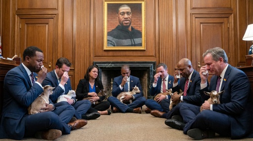 Politicians,Sitting,In,A,Circle,Crying,Holding,Goats.,The,Politicians Politicians sitting on the floor holding goats in a solemn gathering