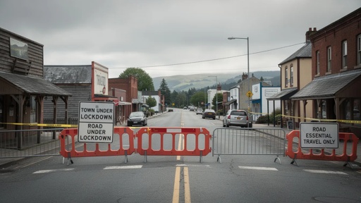 Road closure signs indicating a town lockdown