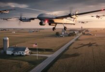 Cheap DRONES Humiliate Billion-Dollar Weapons… Aerial view of drones flying over a rural landscape with a farmhouse