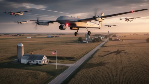 Aerial view of drones flying over a rural landscape with a farmhouse
