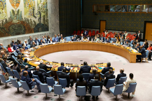UN Security Council meeting in session, multiple representatives attending.