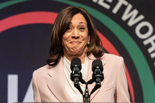Vice,President,Of,The,Usa,Kamala,Harris,Speaks,During,Nan Female speaker smiling at a podium with microphones
