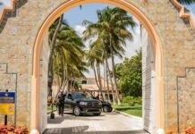 View through an ornate archway leading to a tropical entrance with palm trees and parked cars