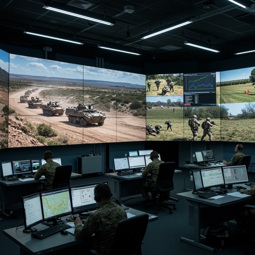 Military,Command,Center,With,Convoy,Maneuvering,And,Soldier,Field,Training Military personnel monitoring operations in a high-tech command center