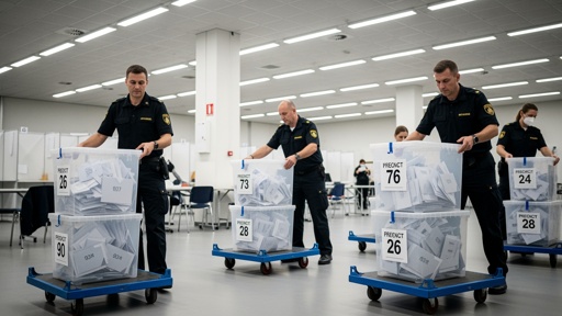Authorities,Removing,Boxes,Of,Balloots,Somber Election officials transporting ballot boxes in a counting facility