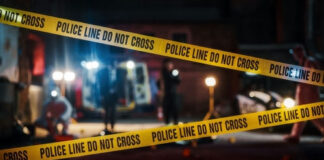 Yellow police tape at a nighttime crime scene.