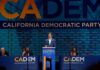 Speaker at podium during California Democratic Party event