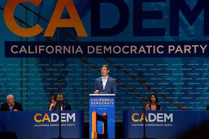 Speaker at podium during California Democratic Party event