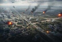 Iran’s Missiles Crash The Gulf Aerial view of a war-torn city with explosions and smoke