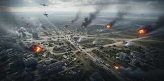 Aerial view of a war-torn city with explosions and smoke