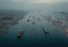 Oil Chokehold Threat Rattles World Aerial view of cargo ships navigating a shipping channel